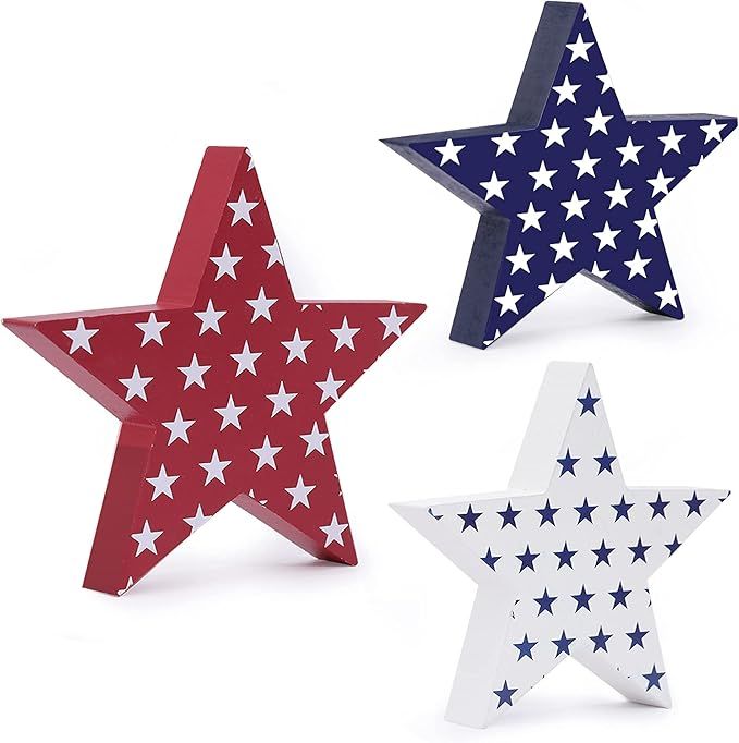 Sawowkuya 3 Pieces Independence Day Wooden Star Signs Patriotic Wooden Star Standing Blocks Frees... | Amazon (US)