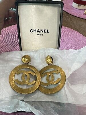 CHANEL CC Logos Sunburst Hoop Dangle Clips Earrings Gold Tone 27 w/Box | eBay US