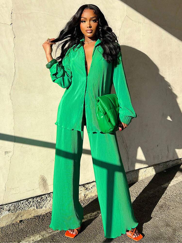 2pcs/Set Women's Fashionable Pleated Shirt With Comfortable Wide Leg Pants Outfit | SHEIN
