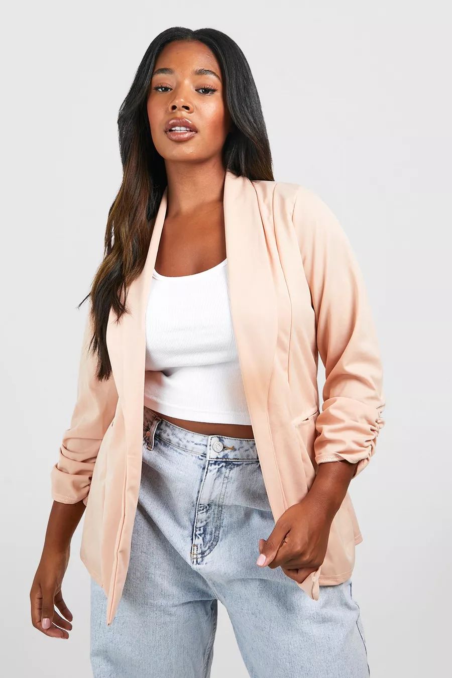 Plus Lapel Detail Ruched Sleeve Blazer | Boohoo.com (UK & IE)