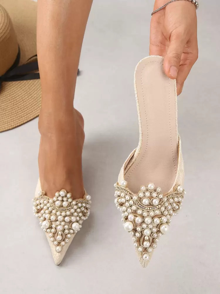 Faux Pearl Decor Kitten Heeled Mules | SHEIN