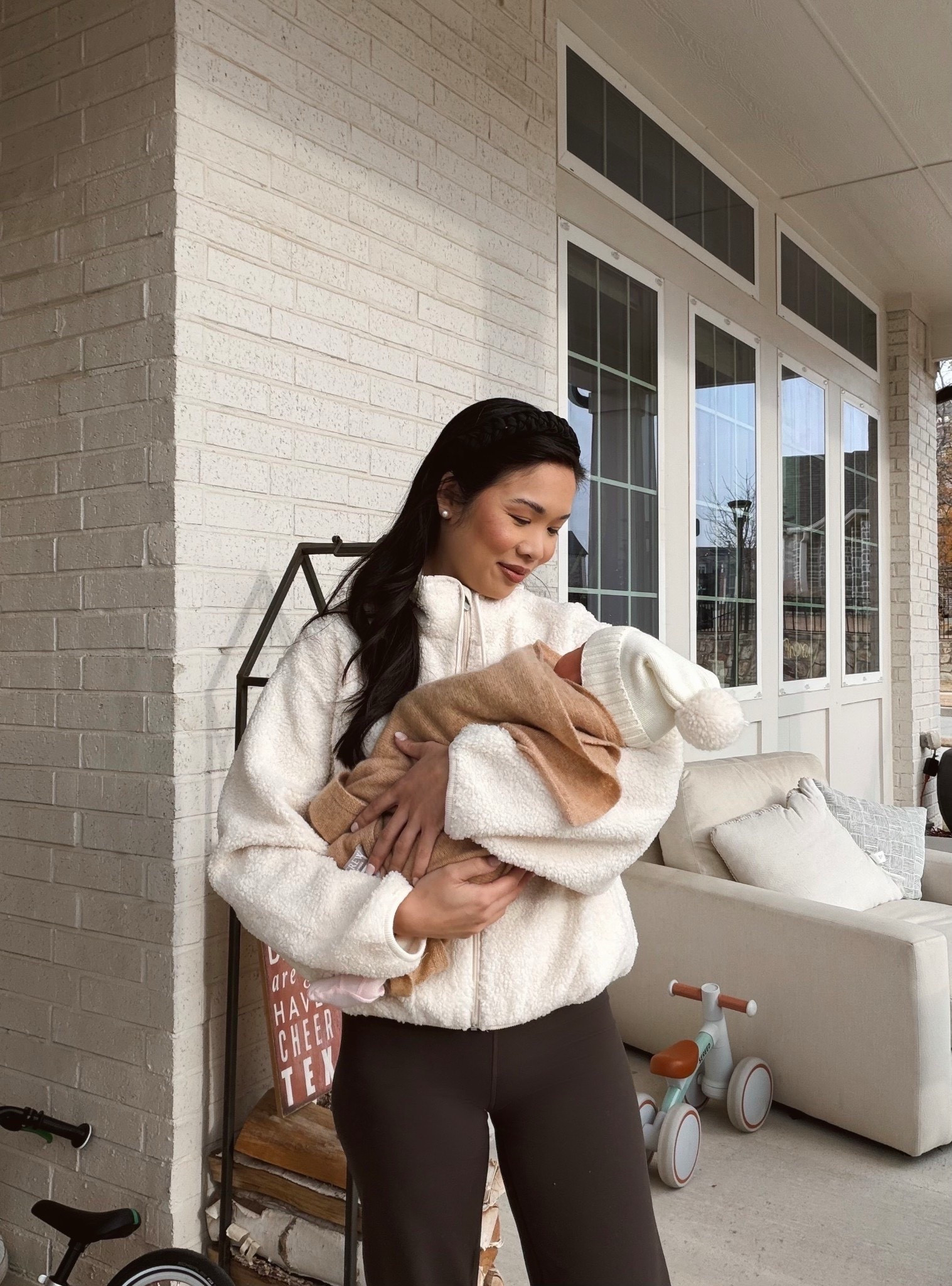 Winter with my newborn. Wearing the coziest athleisure and baby girl has a cashmere wrap around her and Pom winter hat. Wearing size medium in the leggings and small in the pullover 

#LTKSeasonal #LTKootd #LTKBaby