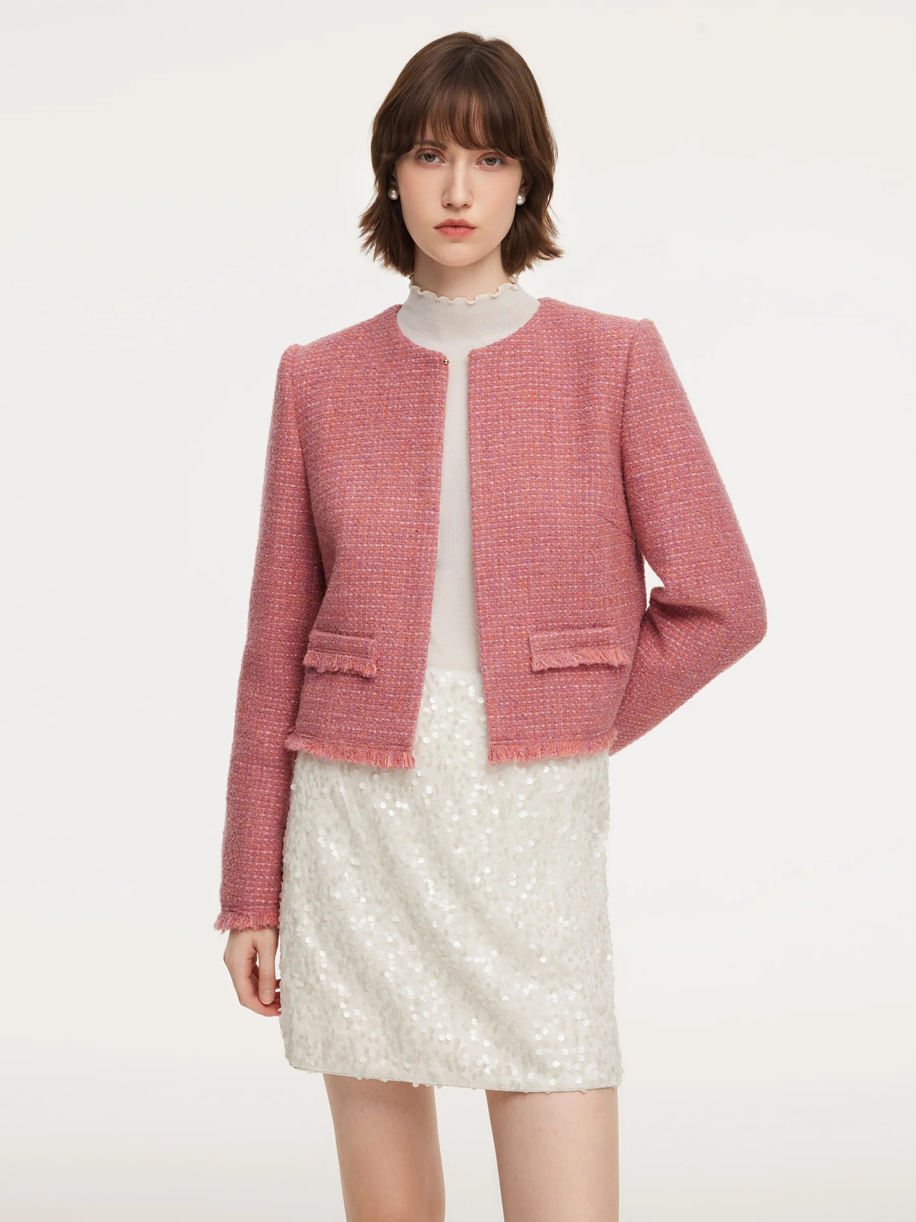 Wool Blend Tweed Frayed Hem Women Jacket - Smoky Pink / S | GOELIA