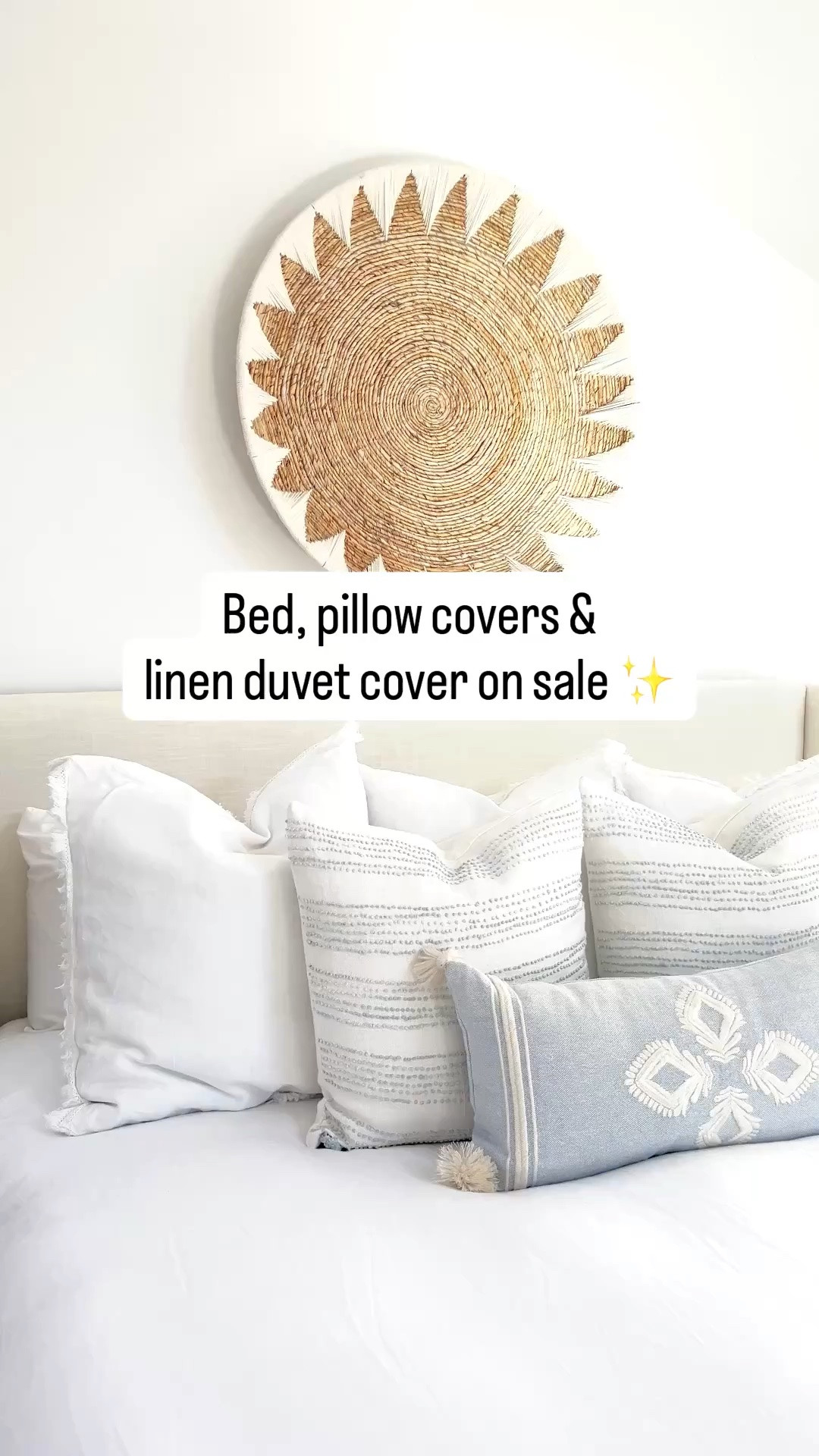 My bed, linen duvet cover & pillow covers are on sale right now! 
------ coastal bedroom decor, primary bedroom decor, coastal artwork, coastal boho art, art for above bed, wall decor for above bed, pottery barn wall baskets, bed pillows, bed pillow styling, amazon pillow covers, serena & lily pillow covers, blue & white pillow covers, white duvet covers, pottery barn duvet covers, linen duvet covers, coastal bedding, primary bedroom bedding, master bedroom decor, coastal bedroom ideas, upholstered bed, wayfair beds, king size beds, lumbar pillow, linen pillow covers

#LTKHome #LTKSaleAlert