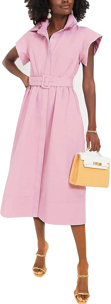 Ladyful Women Casual Button Down Shirt Dress Short Wing Sleeve Buiness Midi Shirt Dress with Belt... | Amazon (US)