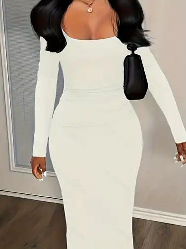 Solid Scoop Neck Dress Casual Simple Long Sleeve Maxi Dress - Temu | Temu Affiliate Program