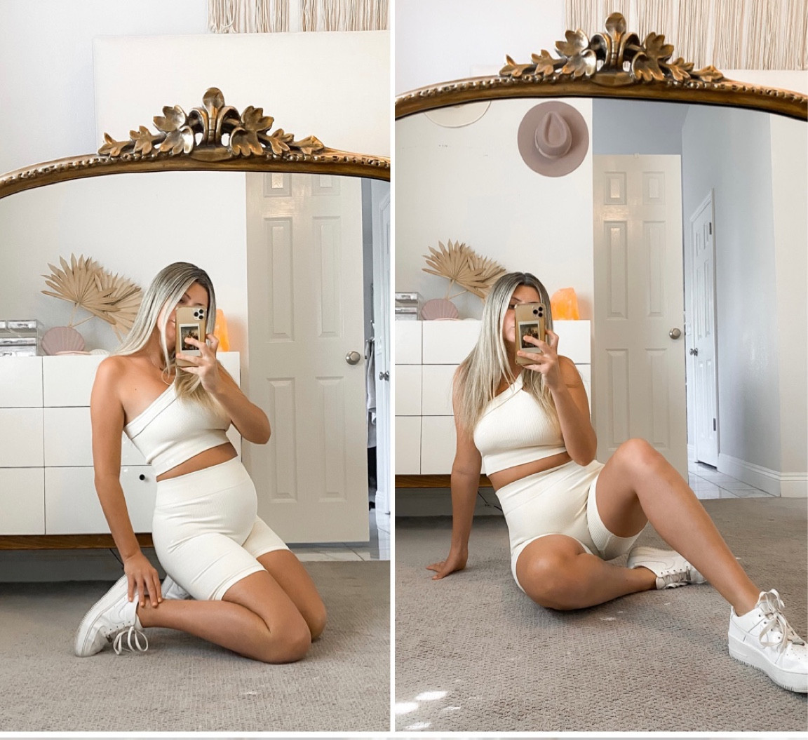 Cream ribbed 2 piece set. Love the one shoulder detail and thick ribbed material! I was worried that it would be see through but it’s the perfect weight and hides any imperfections. I sized to a large for the bump but it’s pretty true to size! Also love that it covers more of the tummy than in the advertisement photo! Can totally see this paired with a cute cardi or plaid for fall! 

#LTKstyletip #LTKbump #LTKunder50