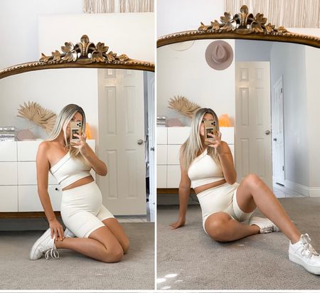 Cream ribbed 2 piece set. Love the one shoulder detail and thick ribbed material! I was worried that it would be see through but it’s the perfect weight and hides any imperfections. I sized to a large for the bump but it’s pretty true to size! Also love that it covers more of the tummy than in the advertisement photo! Can totally see this paired with a cute cardi or plaid for fall! 

#LTKstyletip #LTKbump #LTKunder50