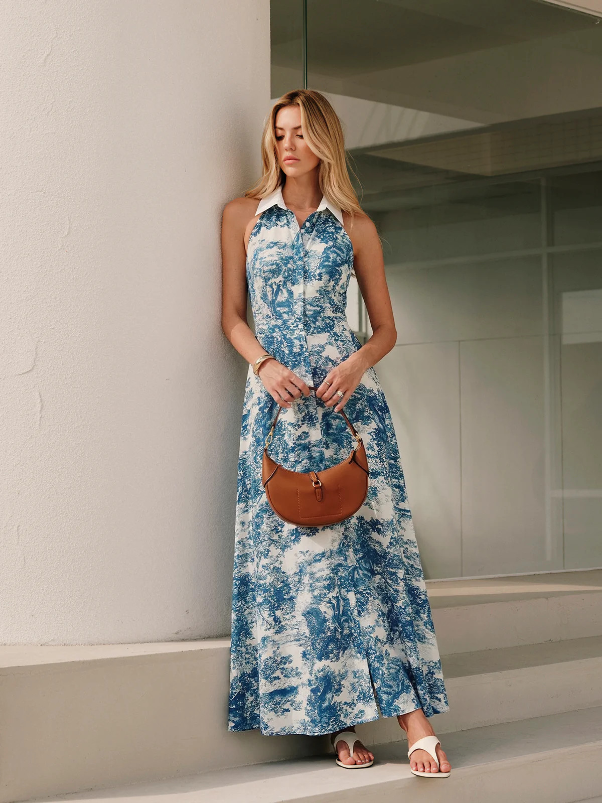 Toile Print Buttoned Collared Maxi Dress | Commense