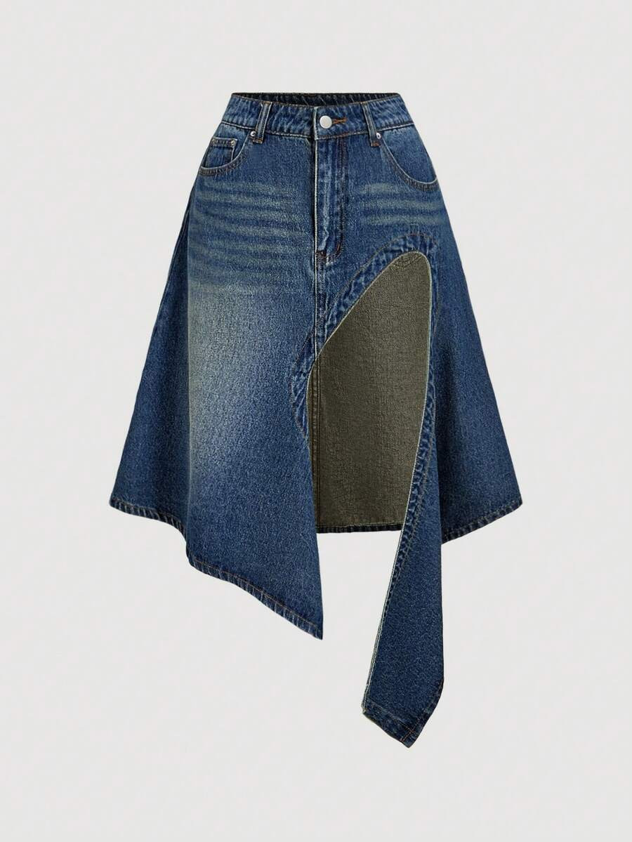 SHEIN MOD Women Casual Side Slit Asymmetric Hem Denim Skirt | SHEIN