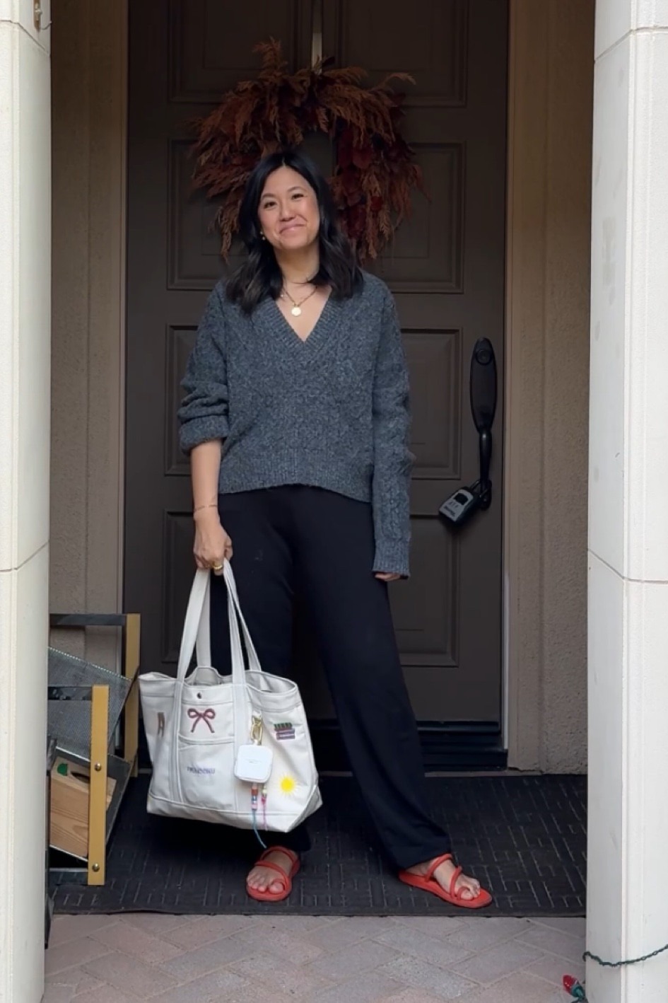 Cable knit sweater and cropped linen pants, bauble bar medium customizable tote bag 