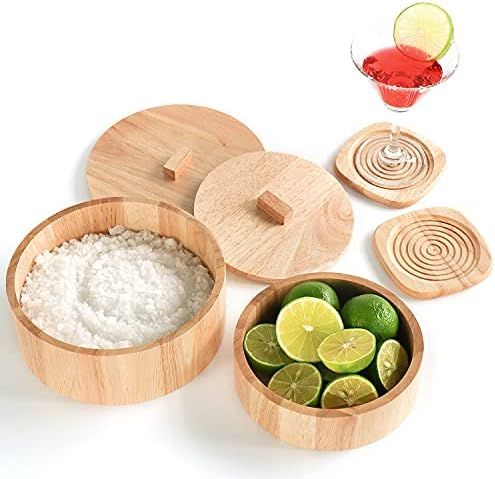 Wooden Margarita Salt Rimmer (Set of 2) & 2 Coasters - Bar Sugar Rimmers for Drinks - Glass Rimmer f | Amazon (US)