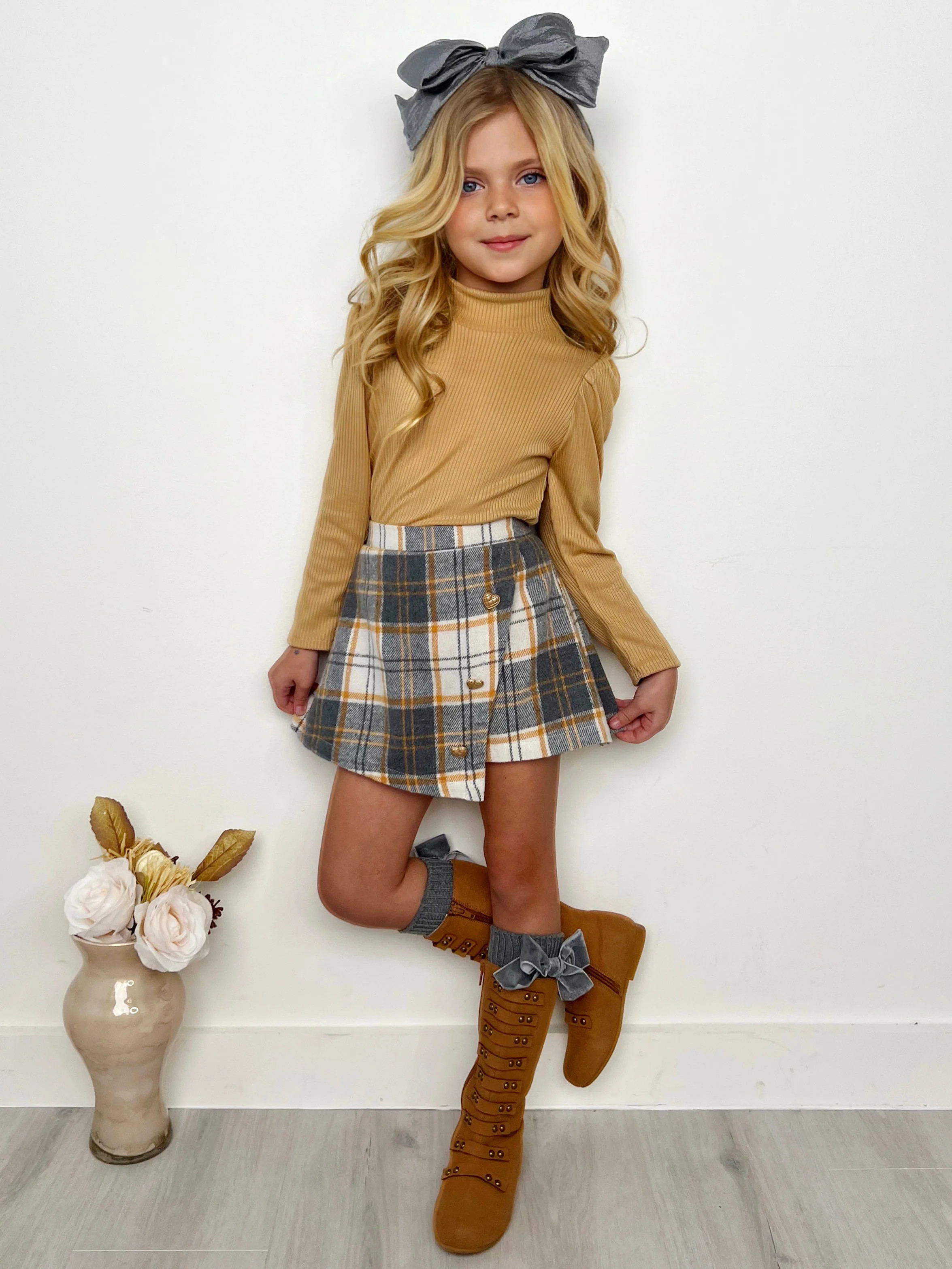 Beige Turtleneck Top and Plaid Skort Set | Mia Belle Girls
