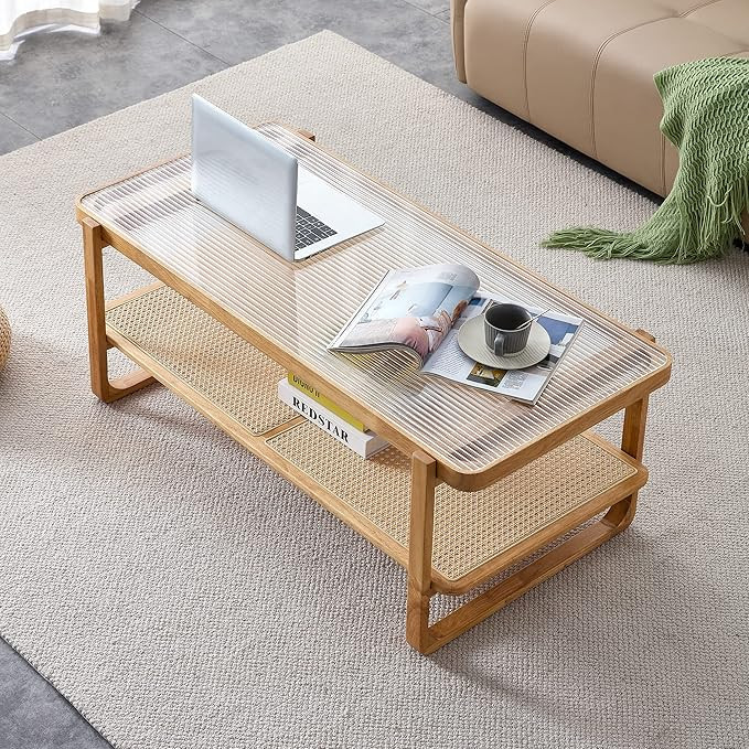 Rattan Coffee Table with Tempered Glass Top,Wood Coffee Table for Living Room,Glass Top with Imit... | Amazon (US)