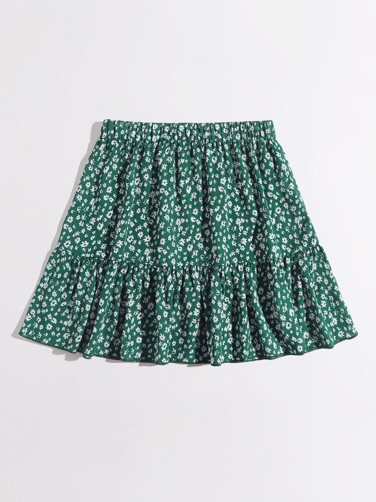 SHEIN Ditsy Floral Ruffle Hem Skirt | SHEIN