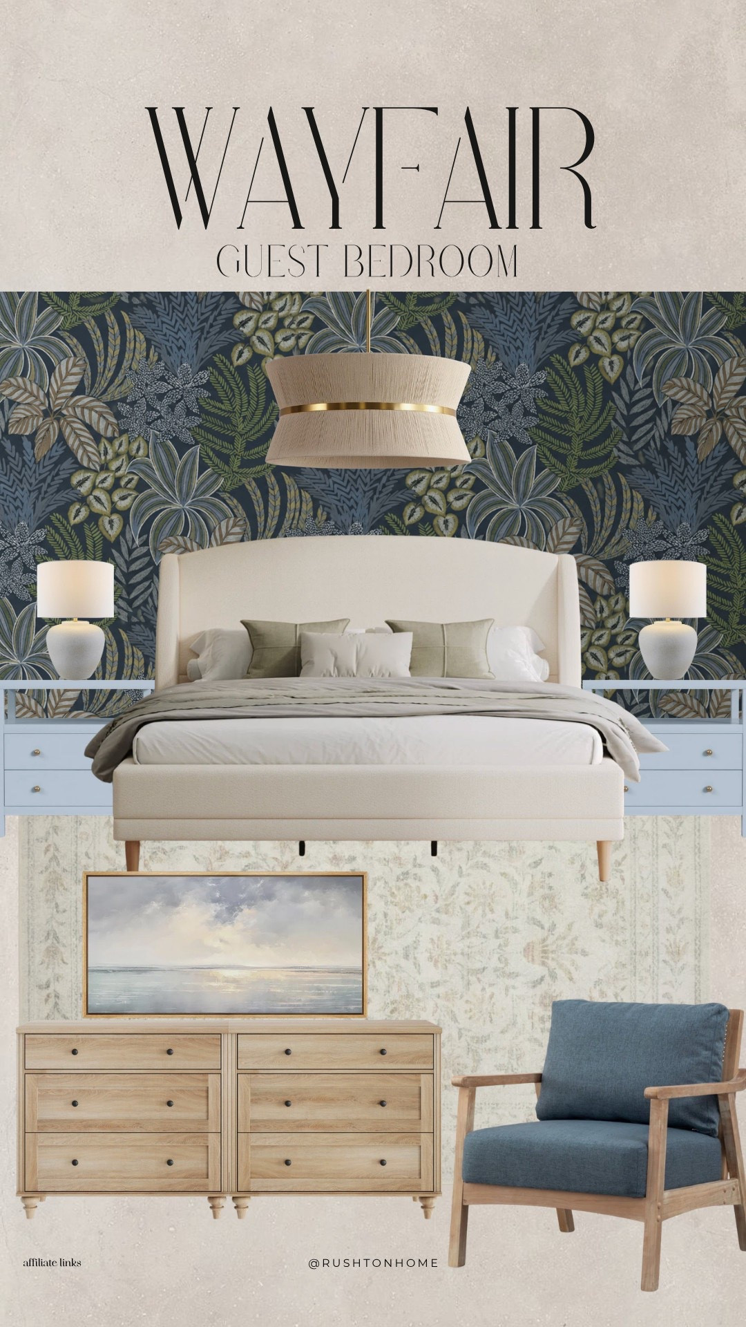 Wayfair Guest Bedroom, Wayfair guest bedroom, guest bedroom inspiration, botanical wallpaper, floral wallpaper, upholstered bed, white nightstands, blue accent chair, light wood dresser, coastal bedroom, bedroom wallpaper, neutral bedroom, blue and green bedroom, bedroom mood board, transitional bedroom, Wayfair furniture, guest room ideas, cozy bedroom, bedroom refresh, wallpaper inspiration, traditional bedroom

#LTKHome #LTKmomlife #LTKdayinmylife