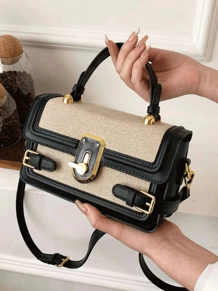 Fashionable,Minimalist,Casual,Small Square Bag Buckle Decor Colorblock Top Handle For Girl, Teen ... | SHEIN