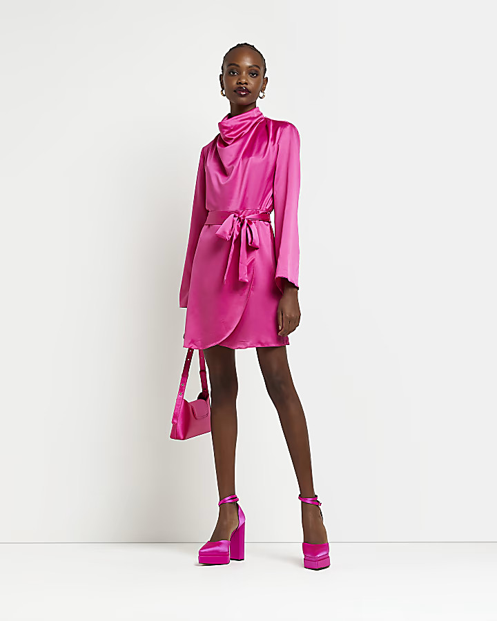 Pink satin high neck mini dress | River Island (US)