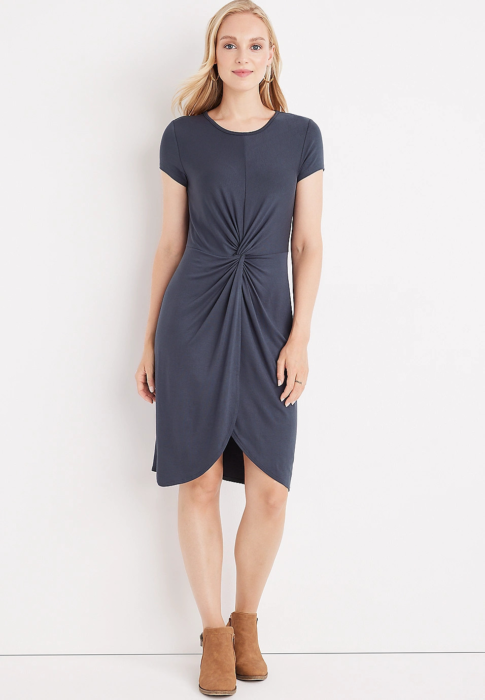 24/7 Solid Front Knot Mini Dress | Maurices