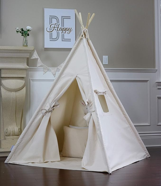 Natural Canvas Teepee with Floor, Pocket, LED Light, Flags Banner and Storage Bag, Play Tent, Pla... | Amazon (US)
