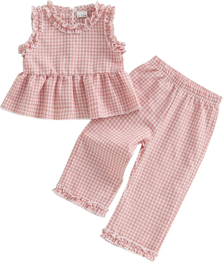 Kupretty Toddler Girl Clothes Baby Summer Outfits Gingham Ruffle Sleeveless Vest Shirt Tank Tops ... | Amazon (US)
