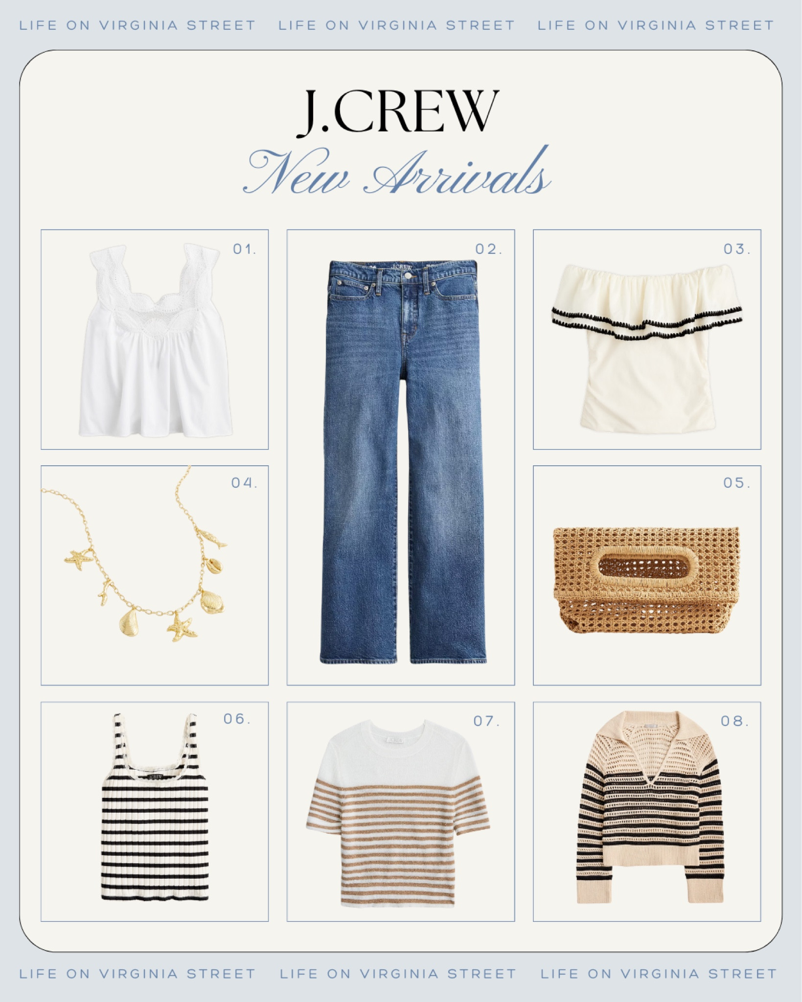 Cute new arrivals from J Crew! Includes a summer top, jeans, woven clutch purse, striped tops, off-the-shoulder ric rac top, seashell necklace and a beach sweater!
.
#ltkfindsunder50 #ltkseasonal #ltksalealert #ltkfindsunder100 #ltkover40 #ltkmidsize summer outfit ideas, preppy outfit ideas 

#LTKHome #LTKSeasonal #LTKSaleAlert