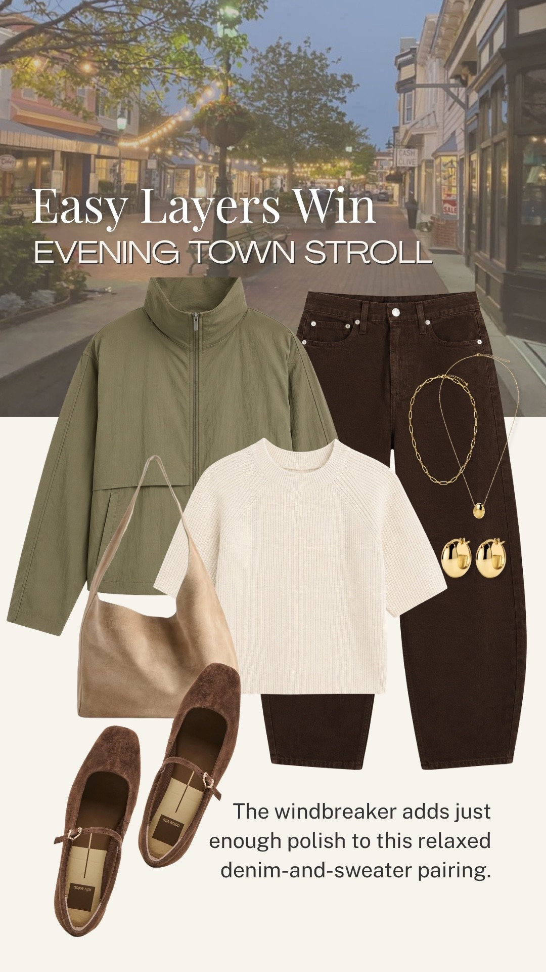 Easy layers for an evening stroll: a lightweight olive windbreaker over a soft ivory knit with dark brown denim and suede flats. I love how the earthy palette feels relaxed and polished, while the layers make this an easy outfit for cool fall evenings.

💡 LTK MADE EASY
❤️ Heart = Support my posts!
🔖 Save = Get sale & restock alerts
📋 Lists = Keep favorites organized
📲 Share = Send lists and products to a friend. Hello, Christmas List!
💬 Comment = Ask me anything about what I’m wearing.:-)

#LTKootd #LTKSeasonal #LTKOver40