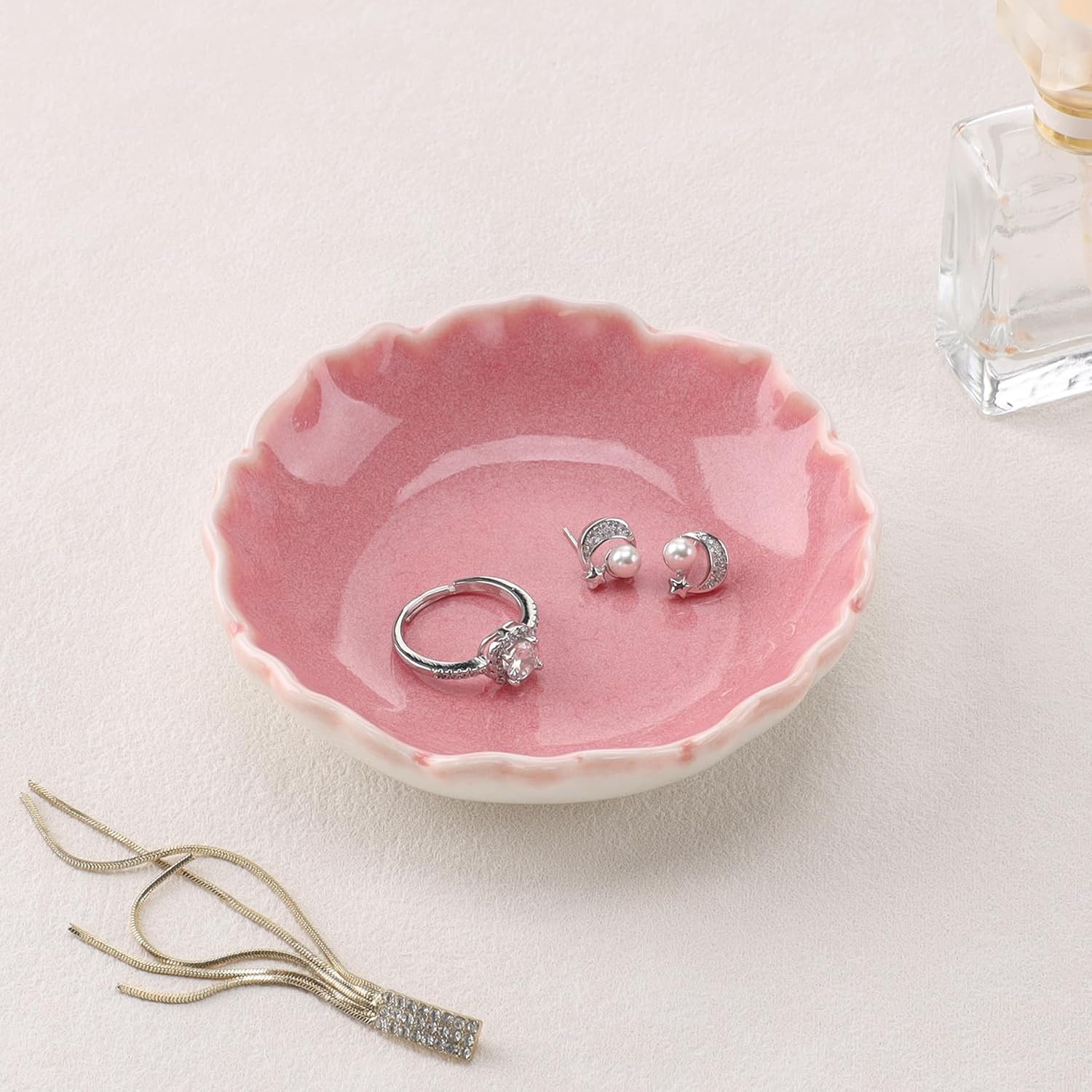 HOME SMILE Ring Jewelry Dish Pastel Pink Ruffled Ceramic |Trinket Tray for Earrings, Necklaces|Mo... | Amazon (US)