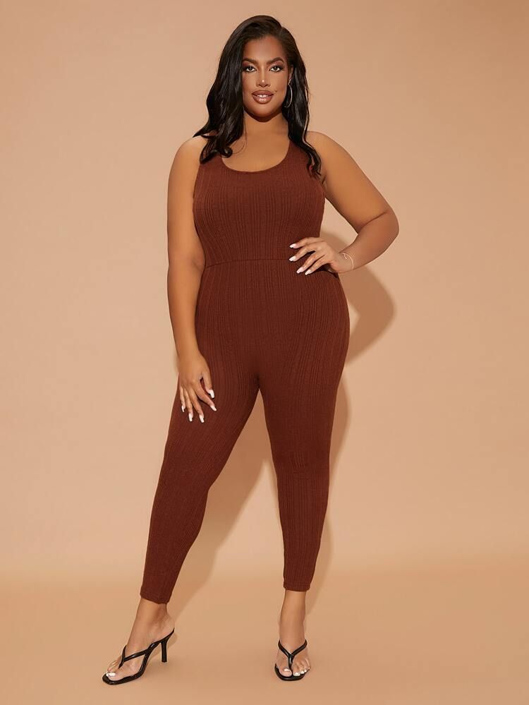 SHEIN SXY Plus Crisscross Backless Ribbed Knit Unitard Jumpsuit | SHEIN