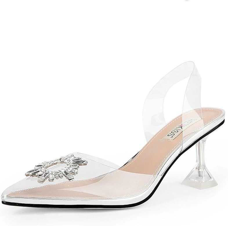 wetkiss Clear Heels Shoes for Women, Crystal Rhinestones Slingback Wedding Shoes Pointed Toe High... | Amazon (US)