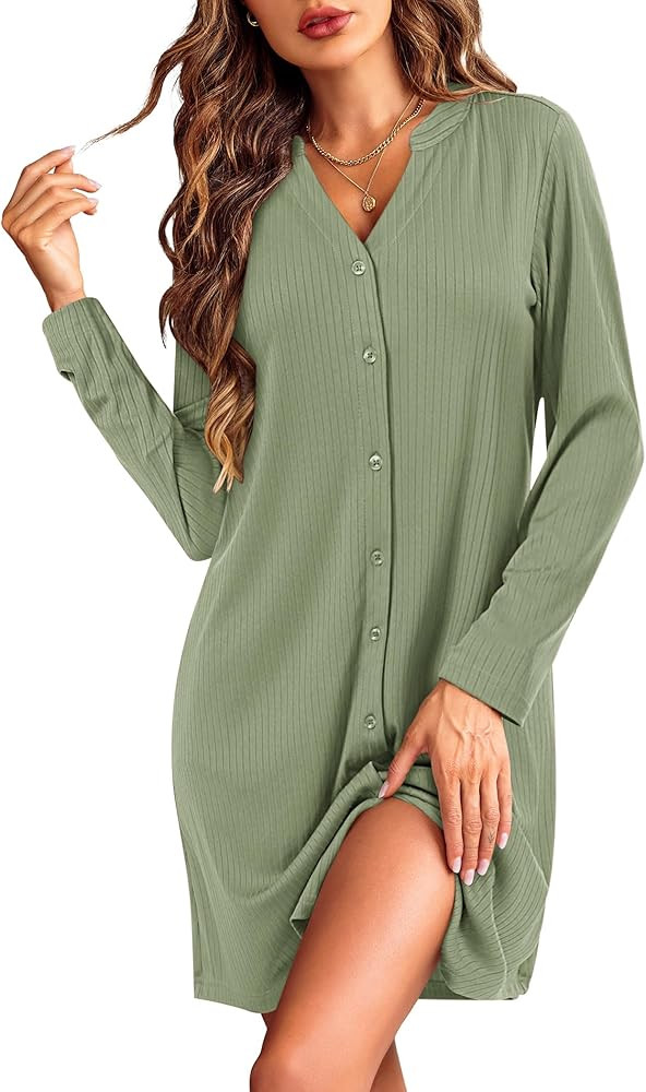 Ekouaer Nightgowns for Women Button Down Night Shirt Long Sleeve Ribbed Knit V-Neck Sleepwear Paj... | Amazon (US)