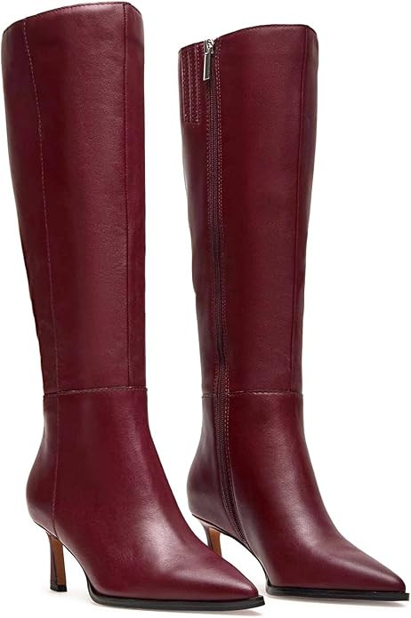 MICIFA Burgundy Kitten Heel Knee High Boots for Women Side Zipper Tall Leather Boots Pointed Toe ... | Amazon (US)