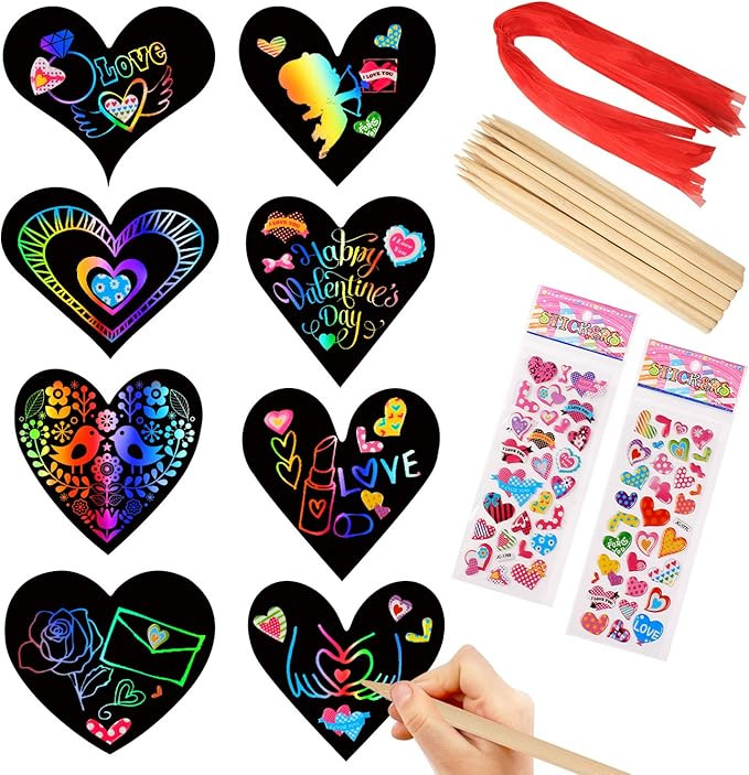 28 Pieces Valentine Crafts Scratch Paper Ornaments Heart Shape Rainbow Scratch Craft Art, with 28... | Amazon (US)