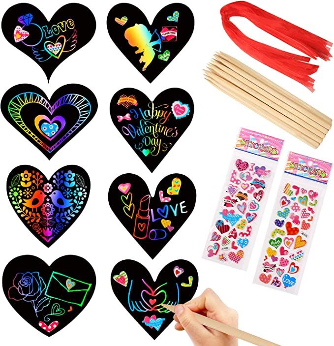 28 Pieces Valentine Crafts Scratch Paper Ornaments Heart Shape Rainbow Scratch Craft Art, with 28... | Amazon (US)