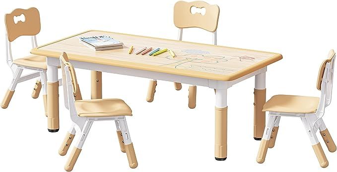 Kids Table and 4 Chairs Set, Height Adjustable Toddler Table and Chair Set, Graffiti Desktop, Non... | Amazon (US)