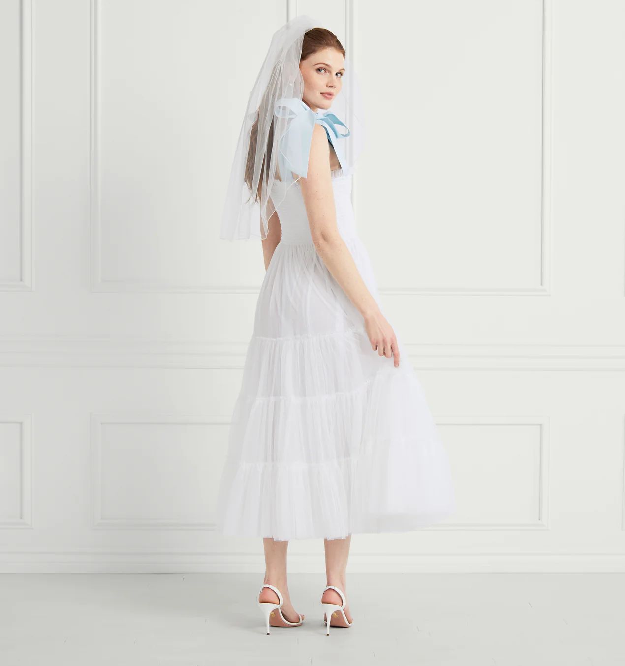 The Tulle Ribbon Ellie Nap Dress - White Tulle with Blue Ribbon | Hill House Home