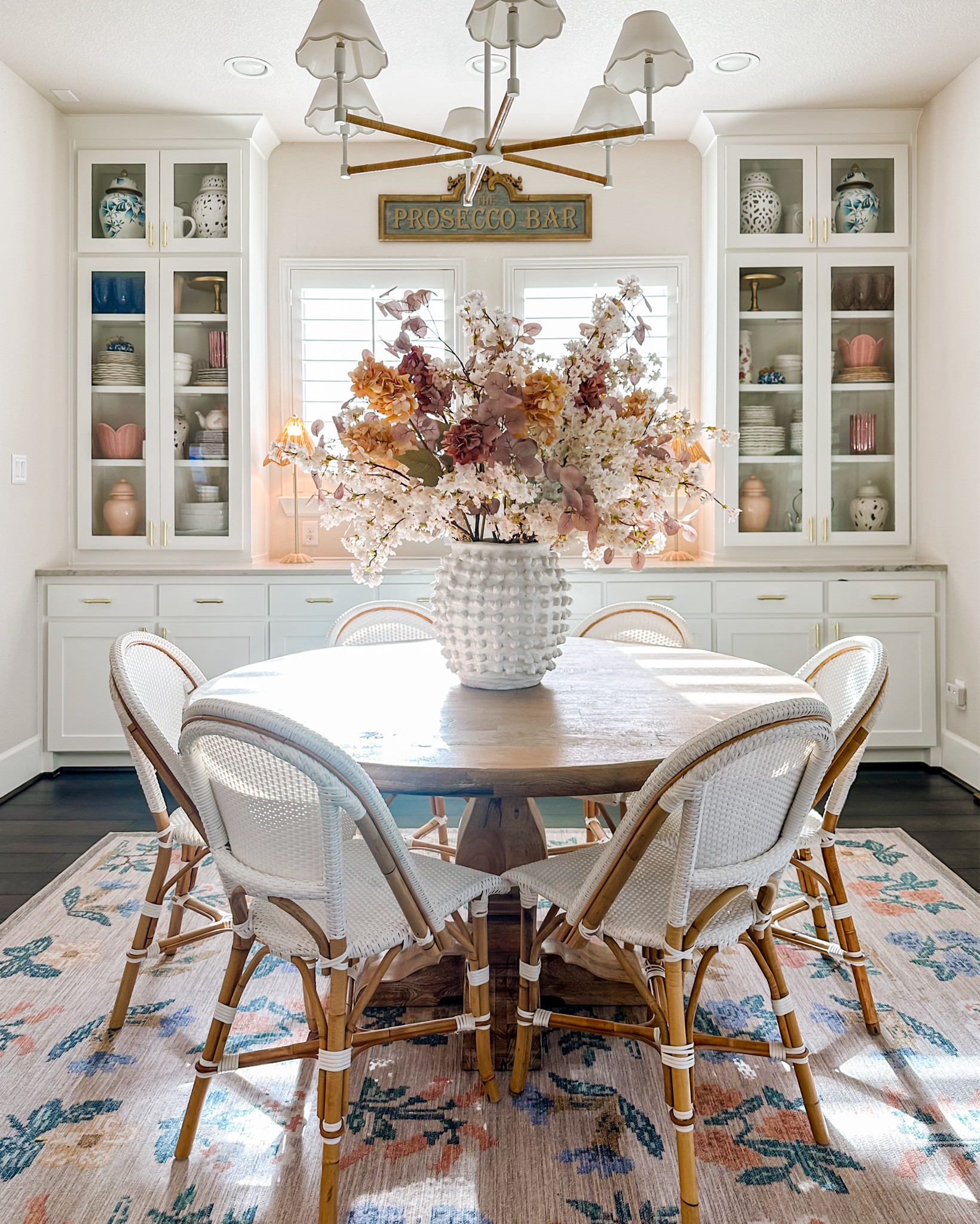 Fall florals in my home 
1. 3 sets of hydrangeas, 2 pink eucalyptus stems, & 12 cherry blossoms 
2. 8 magnolia stems & 6 cherry blossoms 
3. 2 leaf pots 
4. Cut up a bunch from 2 bundles (hobby lobby) 
5.  12 cherry blossoms & 6 sets of dried rice stems 
6. The cutest vase. Florals from homegoods 
7. 8 cherry blossoms 
8. 5 leaf stems (hobby lobby)