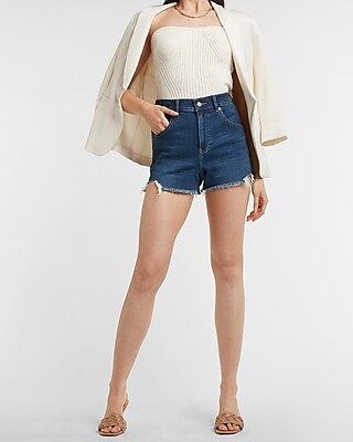 Super High Waisted Knit Raw Hem Mom Jean Shorts | Express