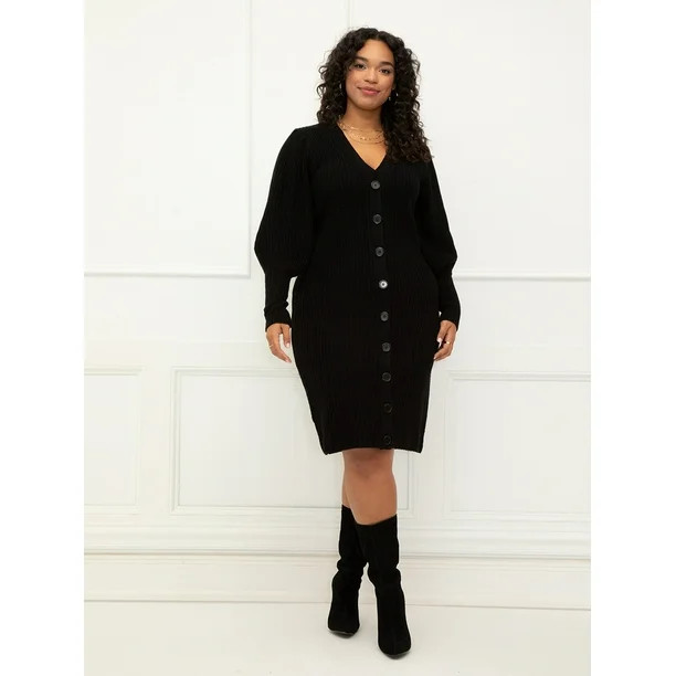 ELOQUII Elements Women's Plus Size Puff Sleeve Cardigan Sweater Dress - Walmart.com | Walmart (US)
