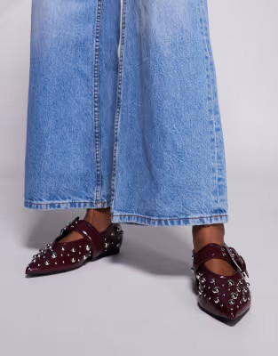 River Island pointed mary jane ballet with studded detail in burgundy | ASOS (Global)