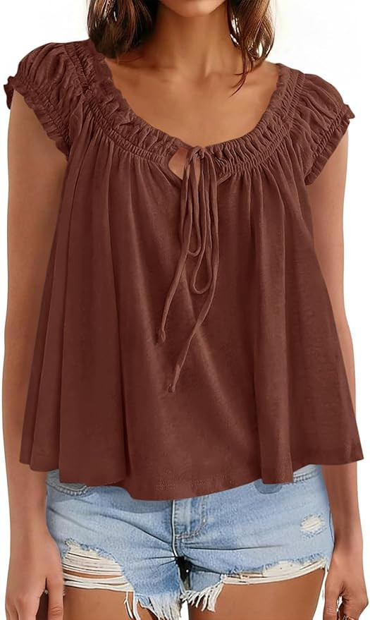 Womens Summer Babydoll Flowy Peplum Tops Cute Cap Ruffle Sleeve Blouse | Scoop Neck Tie Front Tan... | Amazon (US)