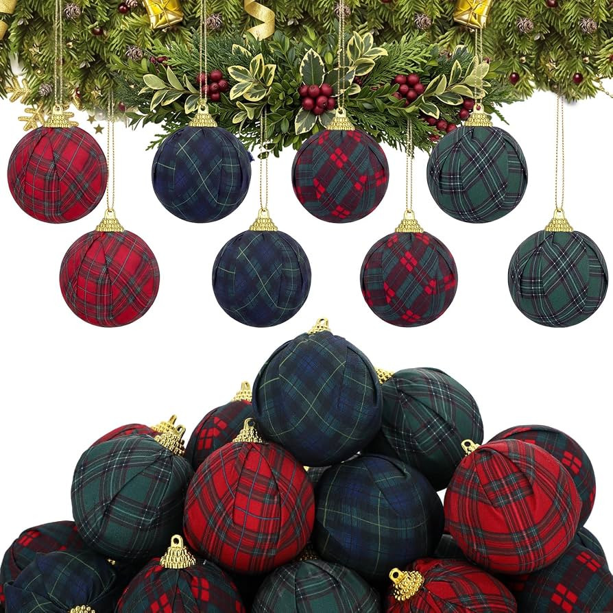 Thenshop 24 Pcs Christmas Tartan Plaid Ball Ornament Decoration 2.36 Inches | Amazon (US)