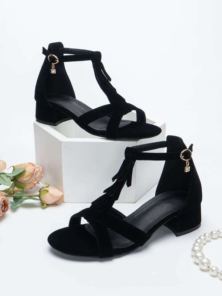 Women Fringe Decor Chunky Heeled Sandals, Elegant Faux Suede Ankle Strap Sandals | SHEIN