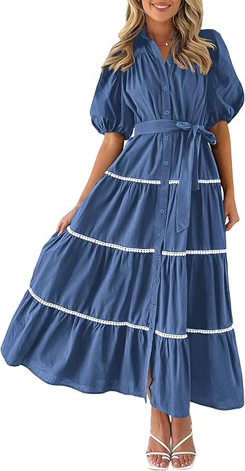 PRETTYGARDEN Women's Summer Button Down Shirt Dress Short Puffy Sleeve Tiered Ruffle Flowy Long M... | Amazon (US)