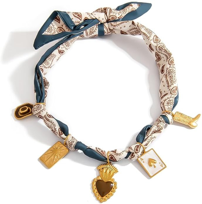 Scarf Necklace with Charm, Bandana Necklace with Gold Dainty Pendants - Chunky Cross, Heart, Flow... | Amazon (US)