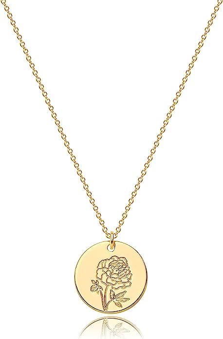 LADYGD Dainty Gold Birth Month Flower Necklace 14k Gold Plated Charms Simple Carved Coin Flower P... | Amazon (US)