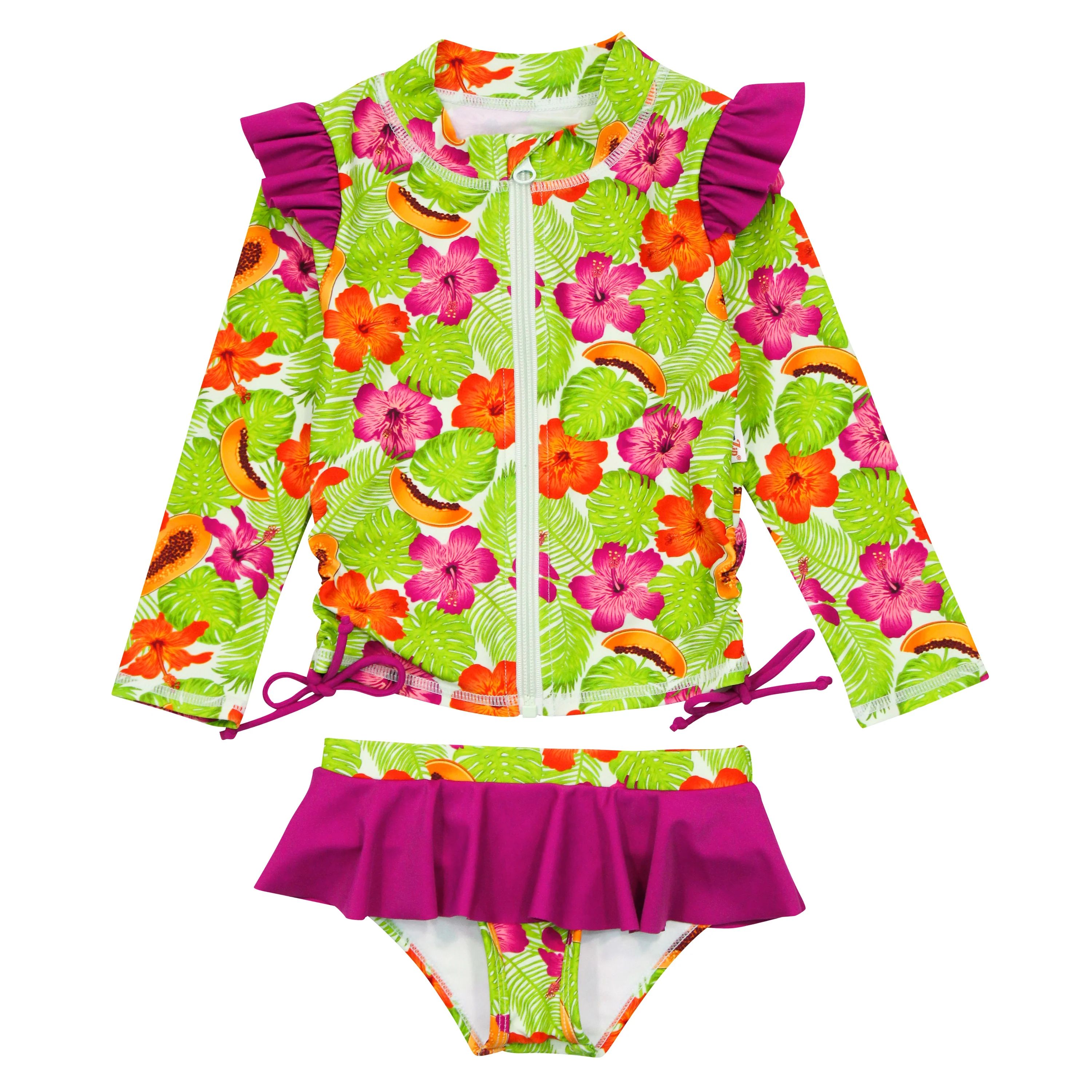 Girl's Long Sleeve Rash Guard Ruffle Swimsuit Set (2 Piece) | "Hibiscus" | SwimZip