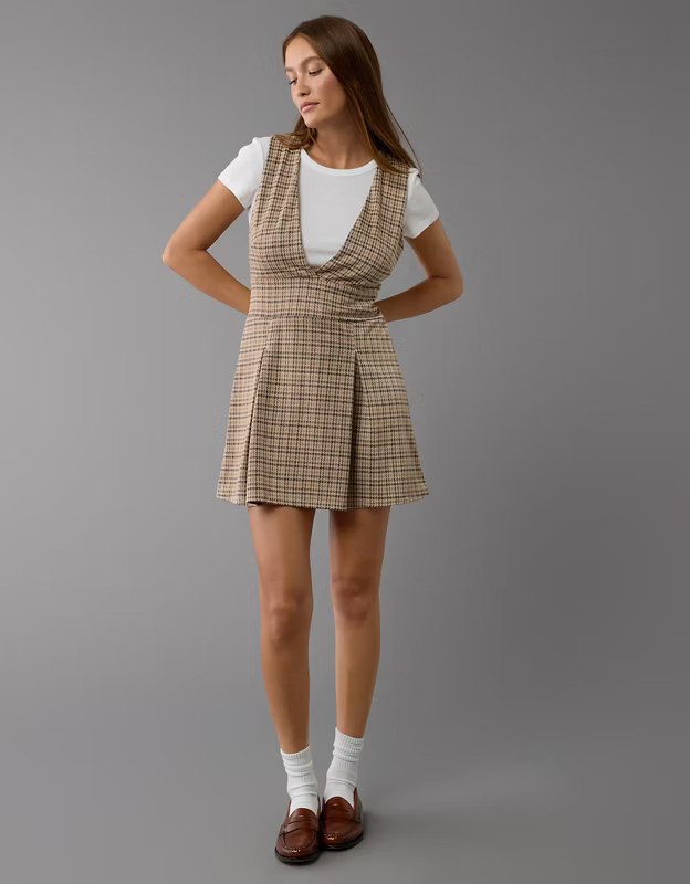 AE It Knit Plaid Pleated Pinafore Dress | American Eagle Outfitters (US & CA)