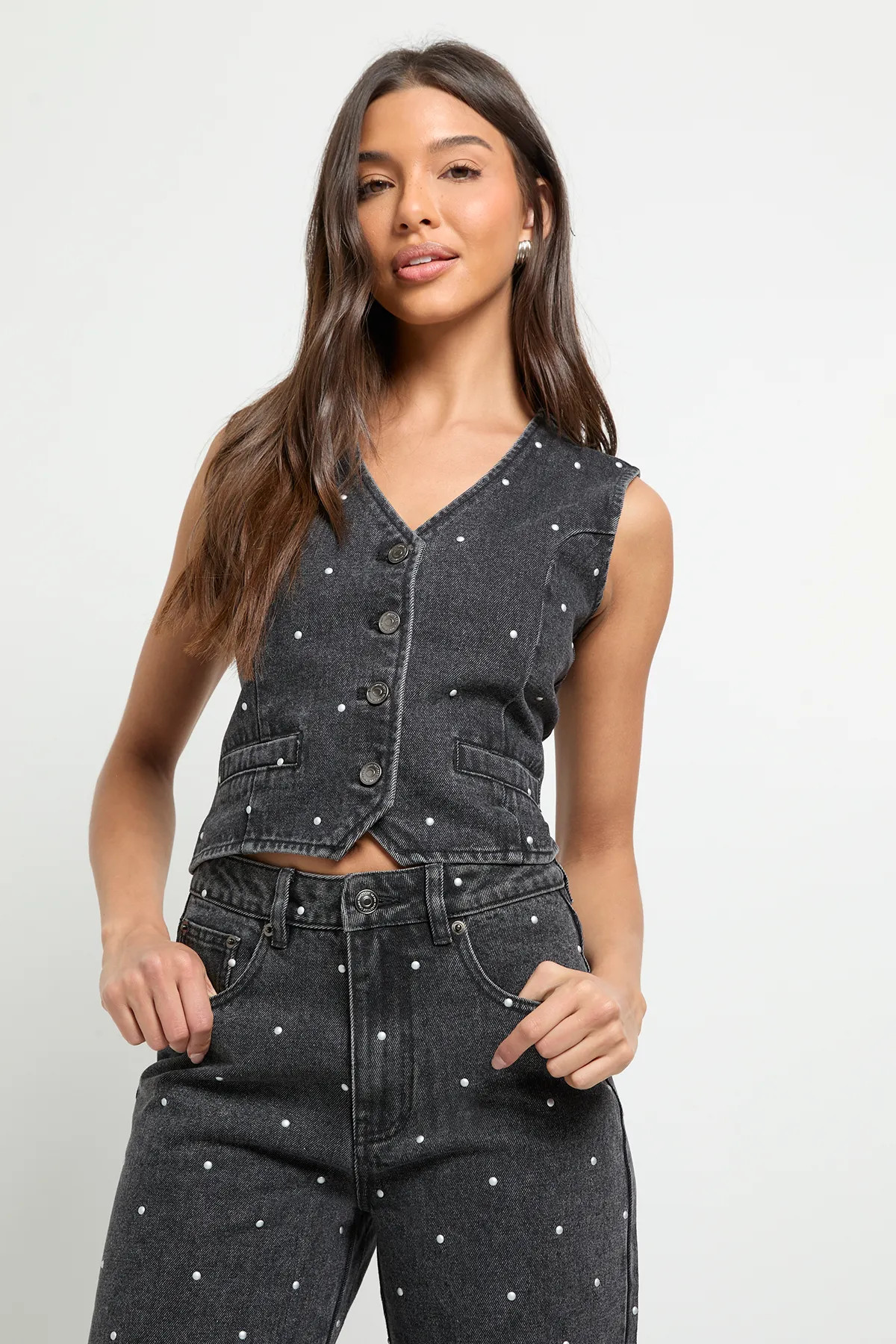 Washed Black Studded Denim Waistcoat | Boohoo | Boohoo.com (UK & IE)