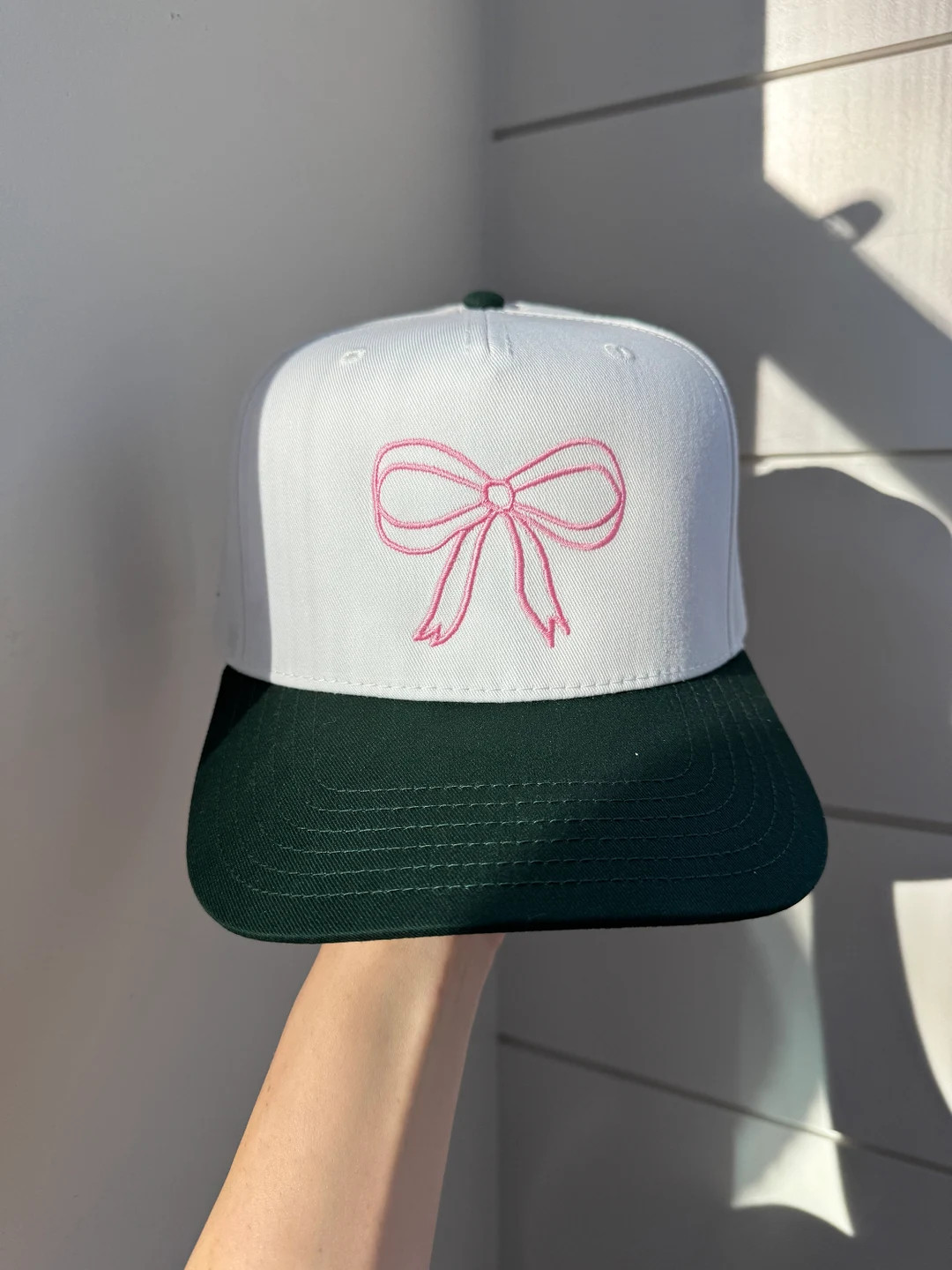 Pink Bow Hour Trucker Hat Embroidered Canvas Trucker Hat Dark Green/white/pink - Etsy | Etsy (US)